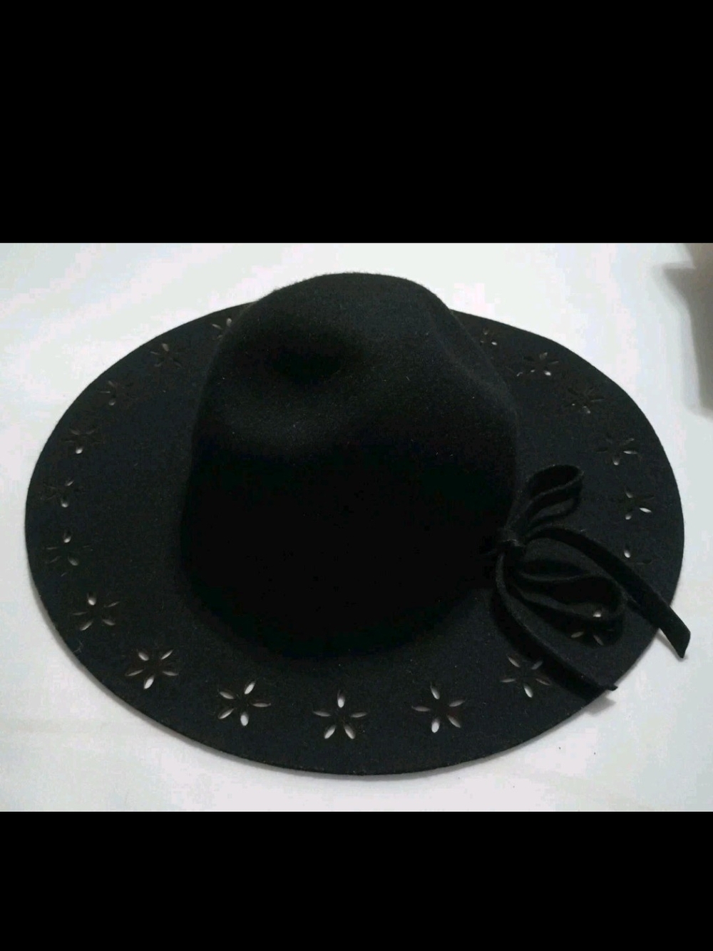Betsey Johnson Black 100% Wool Floppy Wide-Brim Hat Floral Cutouts & Bow Accent